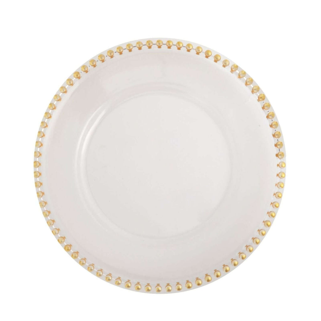6-Pack Acrylic Charger Plates 13" Round Clear with Gold Beaded Rim - Decorative Dinner Party Serving Plates